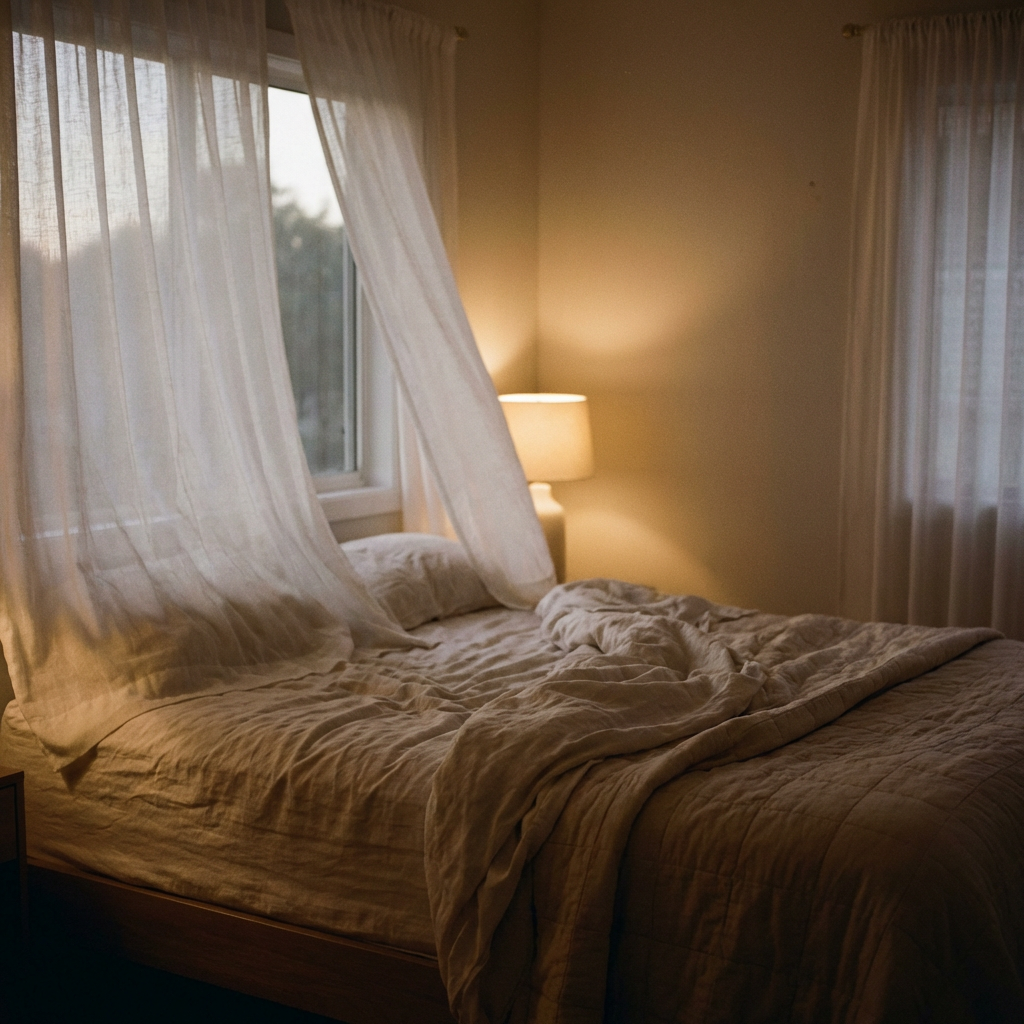 Sheer curtains and warm light in an empty bedroom